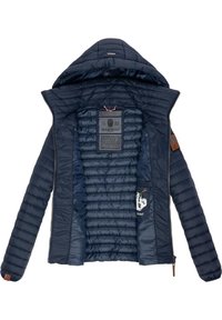 Navy puffer jacket with a hood, quilted design, zip closure, and a decorative patch inside. Features smooth, shiny fabric with a soft texture.