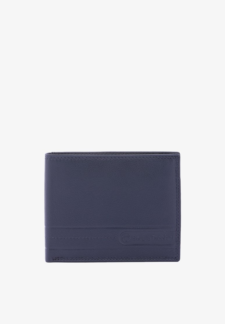 Marine leren portemonnee met een soepele textuur, bi-vouw ontwerp, zichtbare stiksels en een reliëflogo. Ideaal voor kaarten en contant geld.