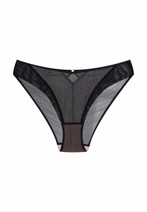 Black sheer underwear with vertical stripes, featuring a semi-opaque front panel and contrasting tan accents at the edges.