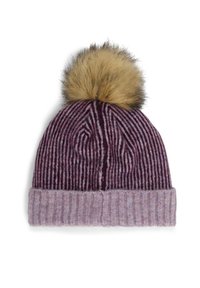 Knit beanie in dark purple with light purple ribbed cuff, featuring vertical stripes and a faux fur pom-pom on top.