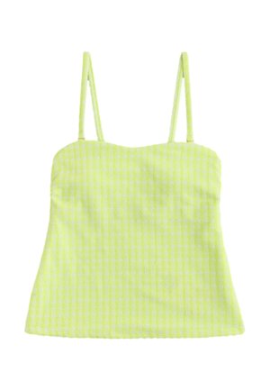 Yellow and white checkered sleeveless crop top with thin shoulder straps and a straight neckline on a white background.