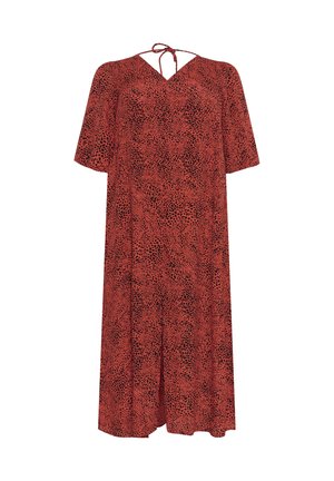 Rotes Kleid mit kurzen Ärmeln, V-Ausschnitt, Schleifendetail am Rücken und einem durchgehenden schwarzen abstrakten Muster. Fließender Stoff, knielang.