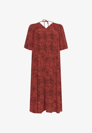 Punane kleit lühikeste varrukatega, V-kaelusega, taga side detailiga ja kogu üle pinna musta abstraktse mustriga. Voogav kangas, keskmise sääre pikkusega.