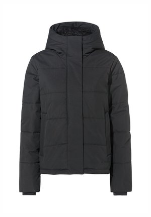 Schwarze gesteppte Daunenjacke mit hohem Kragen, Reißverschluss vorne und Seitentaschen. Verfügt über ein gestepptes Design und ein weiches, strukturiertes Innenfutter.