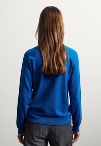 Pull bleu à manches longues, col rond, avec des poignets et un ourlet côtelés. Texture tricotée. Porté par-dessus un pantalon gris, vu de dos.