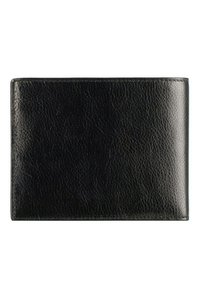 Zwarte leren portefeuille met een gestructureerd oppervlak. Rechthoekige vorm, met gladde randen en geen zichtbare hardware of accenten.