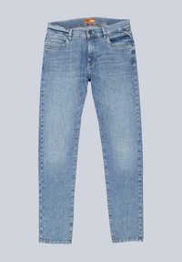 Light blue slim-fit denim jeans with five-pocket design, button closure, and orange brand label on waistband.