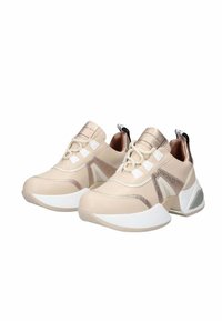 Sneakers sintetici beige con accenti metallici, una suola bianca spessa e dettagli cuciti. Presentano una chiusura con lacci e una linguetta per il tiro.