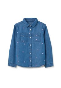 La camisa de denim en azul presenta un bordado de estrellas rosas, cierre de botones en la parte delantera y dos bolsillos en el pecho. Mangas largas con puños abotonados y diseño de cuello clásico.