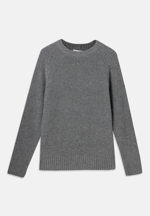 Gray ribbed sweater with long sleeves, round neckline, and textured fabric. Features ribbed hems at cuffs and bottom.