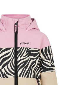 Giacca per ragazze con parte superiore rosa, media a fantasia zebra bianco e nero e sezione inferiore beige. Presenta una zip frontale e cappuccio.