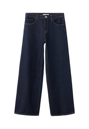 Jeans denim blu scuro a gamba larga con bottone frontale, cerniera, passanti per cintura e design classico a cinque tasche, distesi su sfondo bianco.