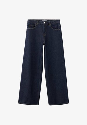 Vaqueros de mezclilla azul oscuro de pierna ancha con botón delantero, cremallera, trabillas para cinturón y diseño clásico de cinco bolsillos, extendidos planos sobre fondo blanco.
