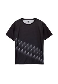 Czarny, sportowy T-shirt z gradientowym wzorem diamentów w odcieniach szarości. Krótkie rękawy, okrągły dekolt i gładki materiał syntetyczny.