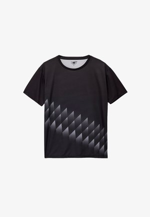 Schwarz sportliches T-Shirt mit einem abgestuften Diamantmuster in Grau. Kurze Ärmel, runder Halsausschnitt und glattes Synthetikmaterial.