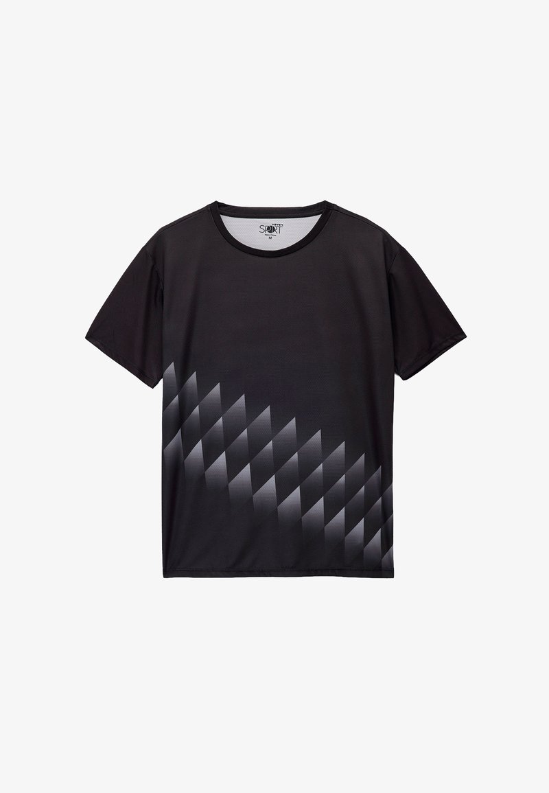 Czarny, sportowy T-shirt z gradientowym wzorem diamentów w odcieniach szarości. Krótkie rękawy, okrągły dekolt i gładki materiał syntetyczny.