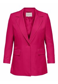 Blazer fuchsia sur mesure en tissu lisse ; avec un col à revers cranté, deux poches avant et une fermeture à un bouton.