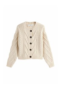 Cable-knit cardigan in beige with a round neckline and long sleeves. Features six dark buttons down the front and ribbed cuffs and hem.