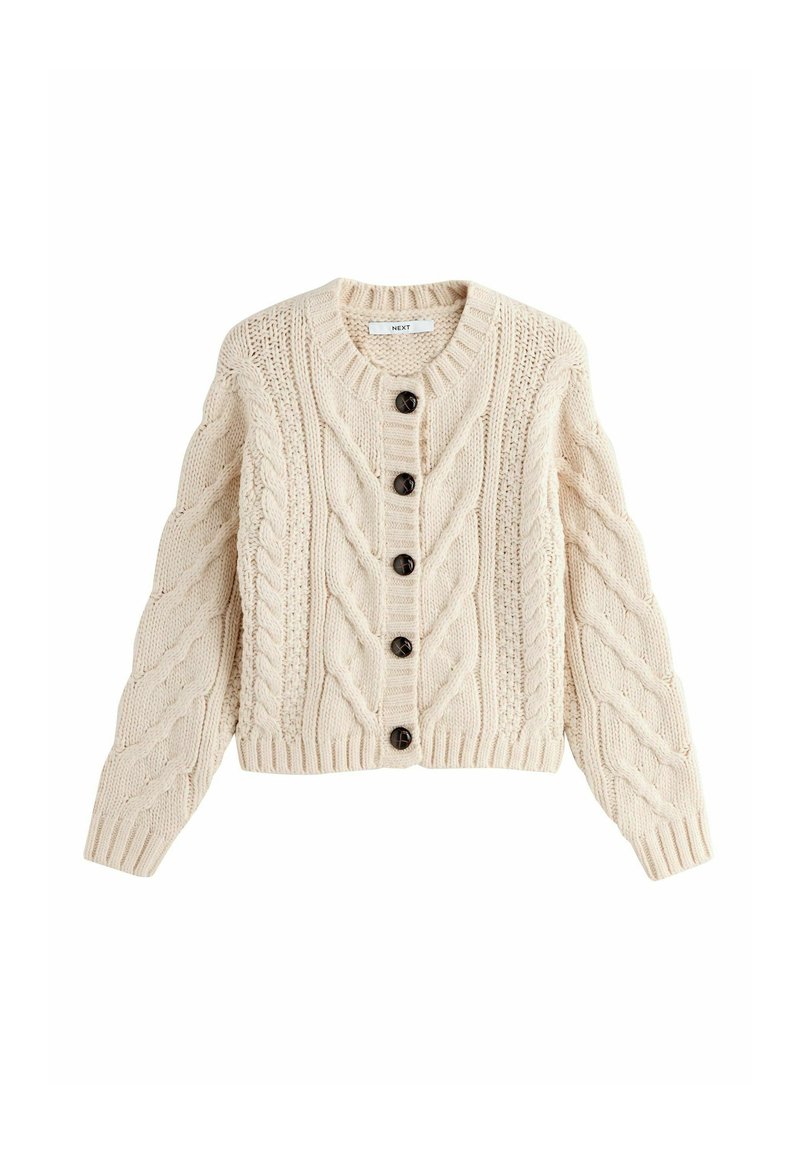 Cable-knit cardigan in beige with a round neckline and long sleeves. Features six dark buttons down the front and ribbed cuffs and hem.