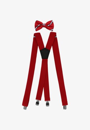 Red mesh suspenders with black leather connector. Includes a red bow tie featuring white and blue striped accents.