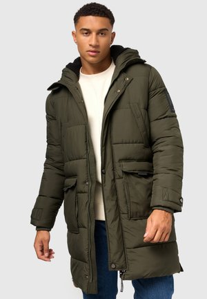 Olive green puffer jacket with a hood, featuring a plush collar, zip closure, front pockets, and ribbed cuffs for warmth.