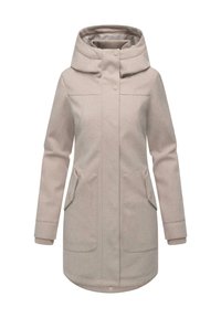 Parka gris clair avec une grande capuche, fermeture à bouton, deux poches avant, poignets côtelés et un ourlet légèrement arrondi. Matière douce et texturée.