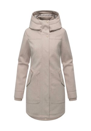 Parka gris clair avec une grande capuche, fermeture à bouton, deux poches avant, poignets côtelés et un ourlet légèrement arrondi. Matière douce et texturée.