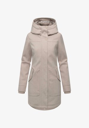 Light grey parka with a large hood, button closure, two front pockets, ribbed cuffs, and a slightly curved hem. Soft, textured material.