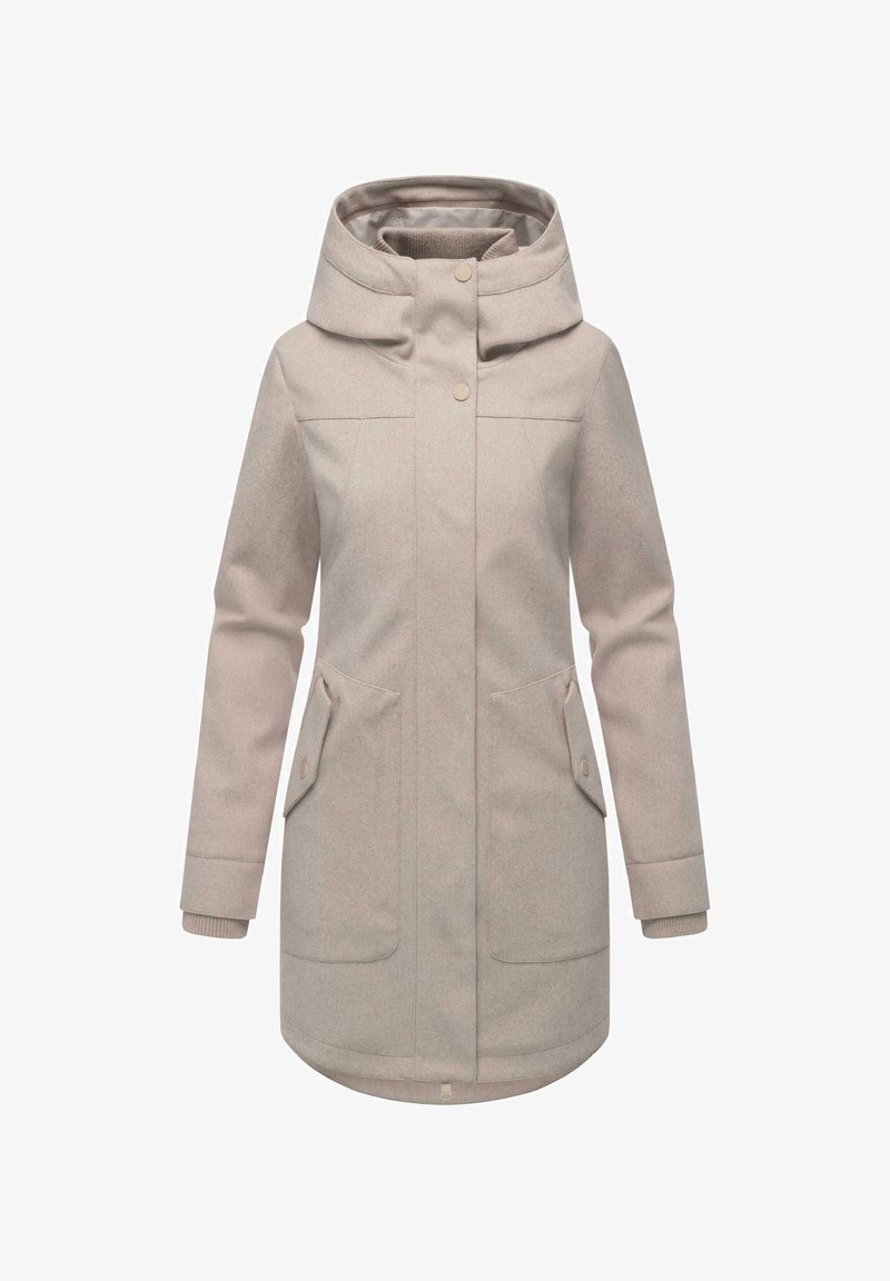 Light grey parka with a large hood, button closure, two front pockets, ribbed cuffs, and a slightly curved hem. Soft, textured material.