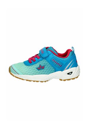 Children's athletic shoe in blue and teal with pink laces, velcro strap, breathable mesh, and white rubber sole with brown tread.