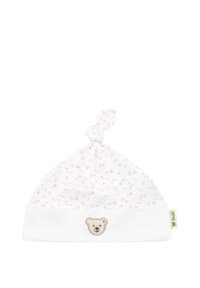 Chapeau pour bébé en coton blanc avec un motif floral rose, un nœud en haut et une application en forme de visage d'ourson sur le revers replié.