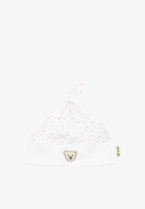 Gorro de algodón blanco para bebé con un patrón floral rosa, nudo en la parte superior y una aplicación de cara de oso en el dobladillo.