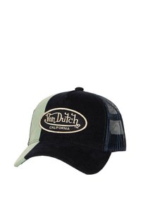 Corduroy cap featuring a black and mint green color scheme, with mesh panels and a prominent embroidered Von Dutch logo on the front.