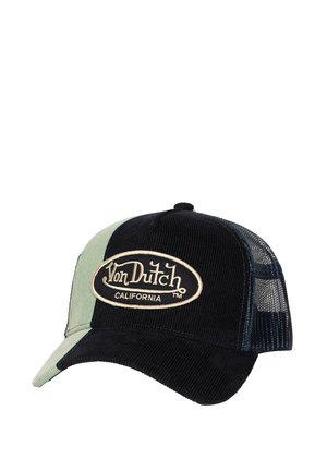 Casquette en velours côtelé arborant un schéma de couleurs noir et vert menthe, avec des panneaux en mesh et un logo brodé Von Dutch bien visible à l'avant.