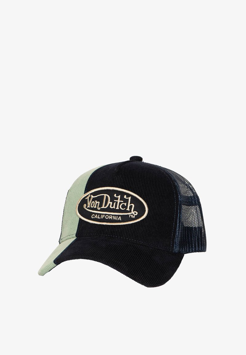 Corduroy cap featuring a black and mint green color scheme, with mesh panels and a prominent embroidered Von Dutch logo on the front.