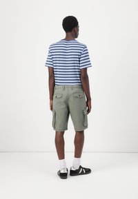 Stribet kortærmet skjorte i blå og hvid, parret med grønne cargo shorts med sidelommer. Sorte sneakers med hvide accenter.