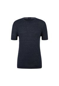 Granatowa koszulka z krótkim rękawem wykonana z miękkiego materiału, z okrągłym dekoltem, z delikatną fakturą i małym logo na dolnym brzegu.