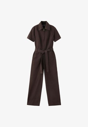 Donkerbruine jumpsuit met korte mouwen, wijde pijpen, rits aan de voorkant, kraag en bijpassende stoffen ceintuur in de taille.