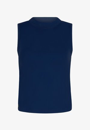 Marineblauwe mouwloze top met een hoge nek, gemaakt van soepel, rekbaar materiaal. Heeft een eenvoudig ontwerp en een rechte snit aan de onderkant.