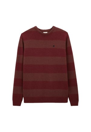 Pull en jersey à manches longues avec des rayures horizontales larges alternées en rouge foncé et marron, comportant des poignets et un ourlet côtelés.