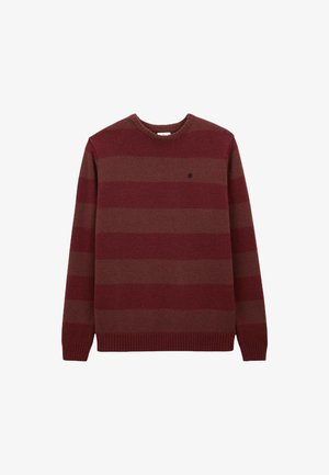 Pull rayé bordeaux et marron, avec un col rond et un ourlet côtelé. Confectionné dans un tissu doux et texturé, orné d'un petit logo.