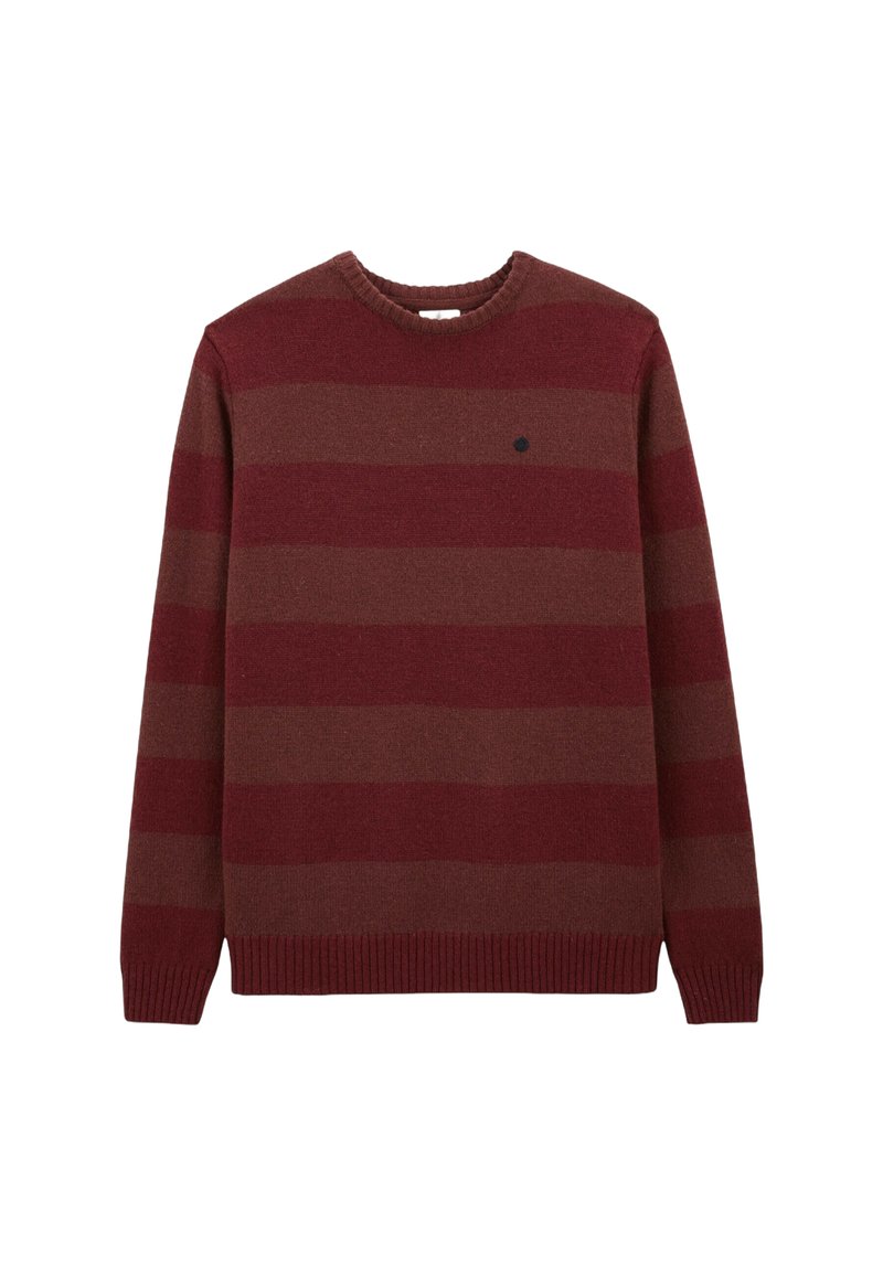 Pull rayé bordeaux et marron, avec un col rond et un ourlet côtelé. Confectionné dans un tissu doux et texturé, orné d'un petit logo.