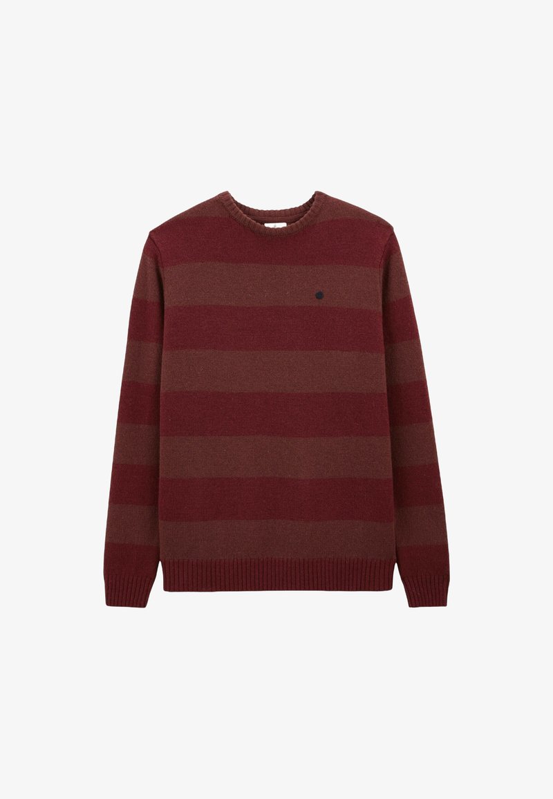 Pull rayé bordeaux et marron, avec un col rond et un ourlet côtelé. Confectionné dans un tissu doux et texturé, orné d'un petit logo.