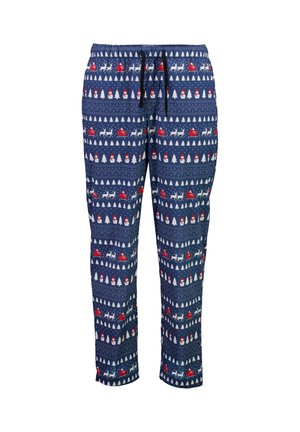 Granatowe bawełniane spodnie dresowe z świątecznym wzorem reniferów, bałwanów i drzew w kolorze czerwonym i białym. Elastyczny pas z sznurkiem do regulacji.