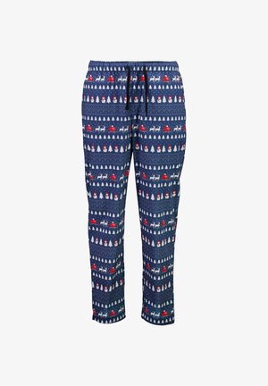 Pantaloni da pigiama in cotone navy con un motivo festivo di renne, pupazzi di neve e alberi in rosso e bianco. Vita elastica con cordoncino.