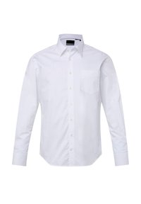 Camisa blanca de manga larga hecha de algodón con cuello abotonado, un bolsillo en el pecho y textura lisa. Tejido suave, ajuste entallado.