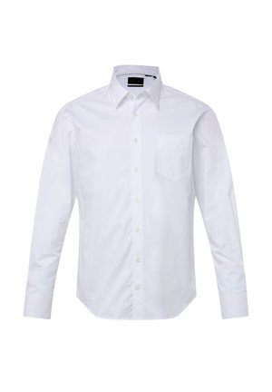 Camicia bianca a maniche lunghe in cotone con colletto button-down, taschino sul petto e texture semplice. Tessuto morbido, vestibilità sartoriale.