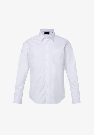 Langärmliges weißes Hemd aus Baumwolle mit Button-Down-Kragen, einer Brusttasche und schlichter Textur. Glattes Gewebe, taillierte Passform.