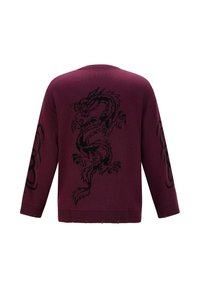 Bordový pletený svetr s černými motivy draka na zádech a rukávech, s volným střihem a žebrovaným výstřihem a lemem.