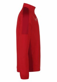Rote Jacke mit hohem Kragen, Reißverschluss und Netzpaneelen an den Ärmeln für Atmungsaktivität. Elastische Bündchen und ein schlankes Design.
